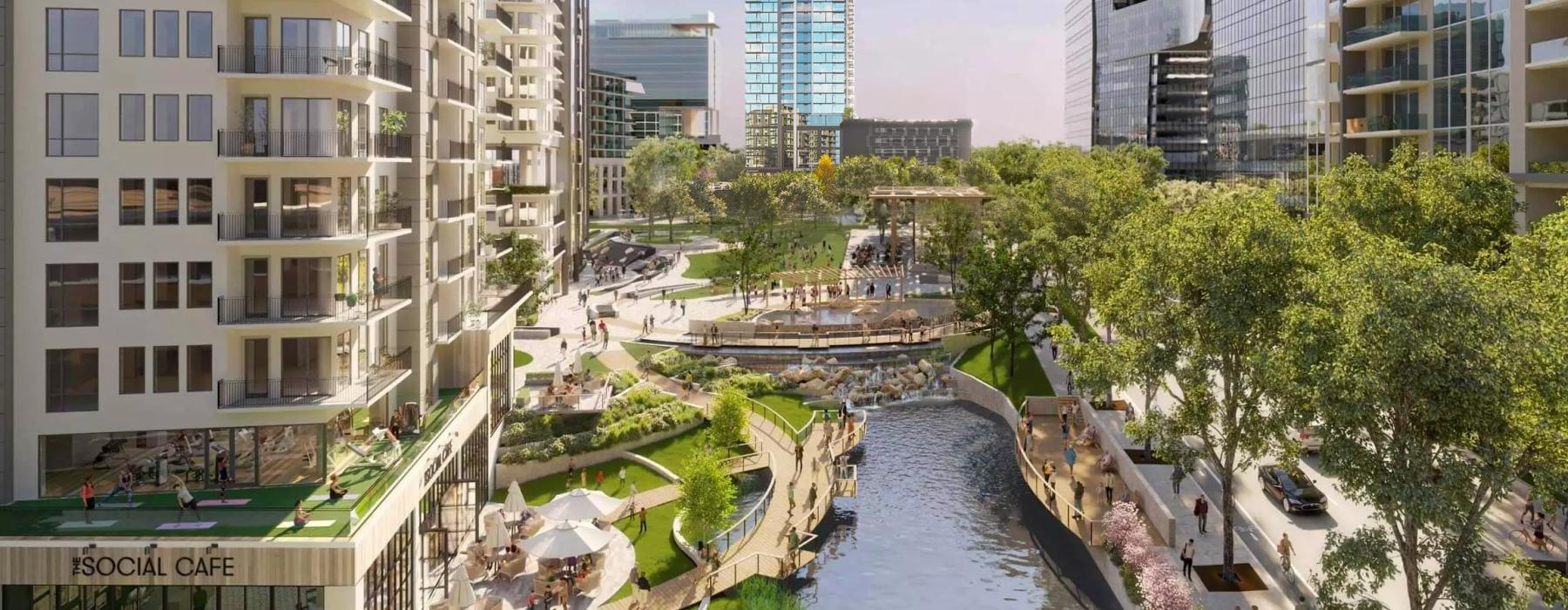 a river between buildings