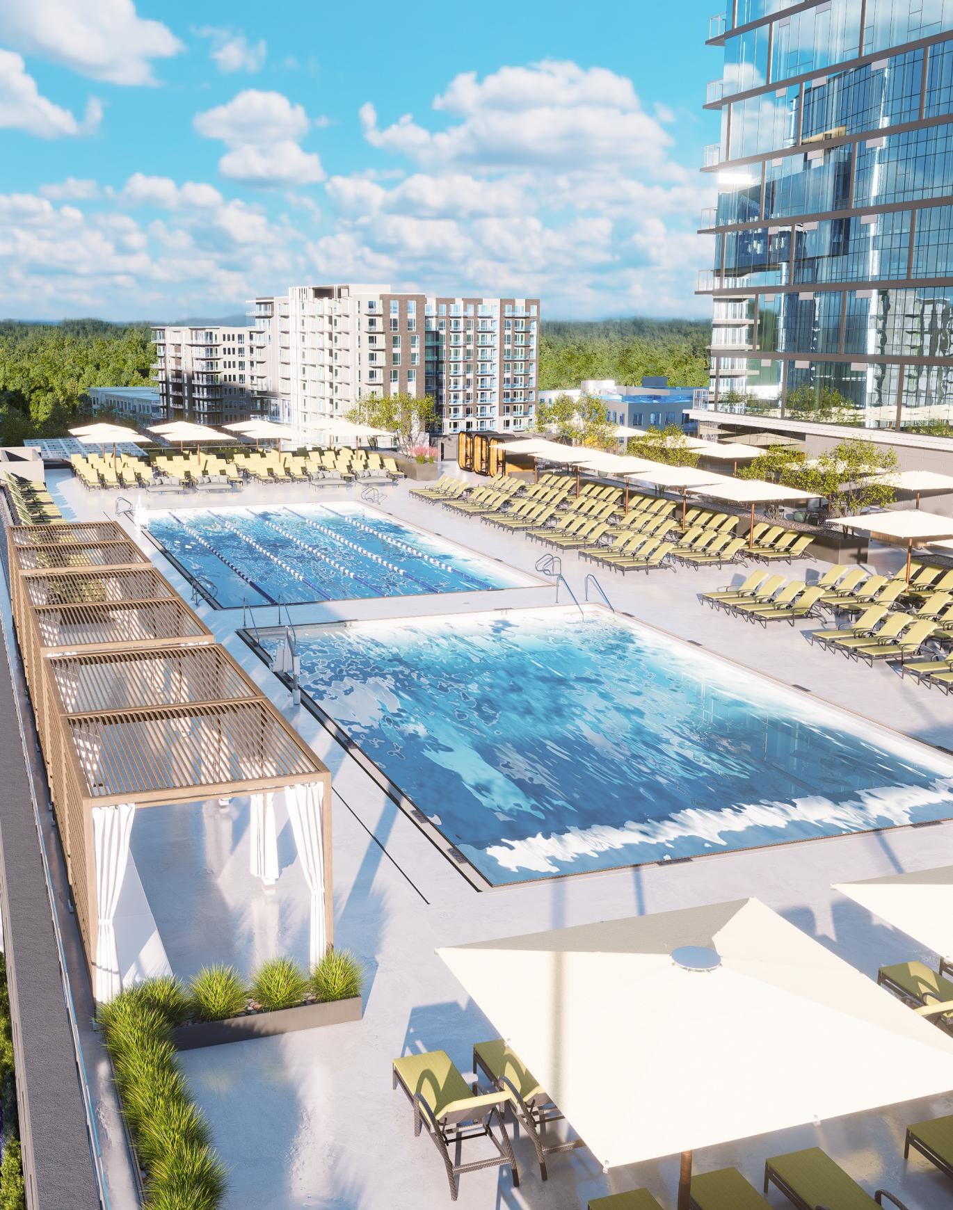 a swimming pool in a with chairs