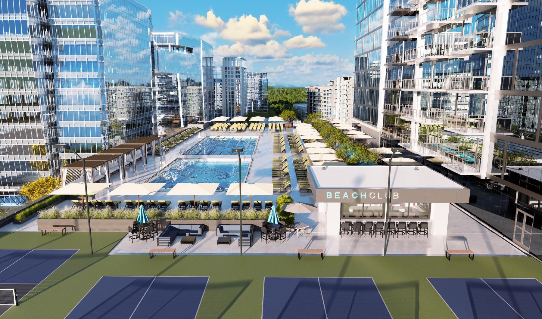 a courtyard with tennis courts and a pool